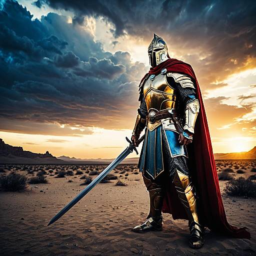 Heroic Warrior in Ancient Armor at Desert Sunset