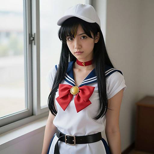 Photograph of an Asian woman with long black hair, wearing a white sailor uniform with red bow, black belt, and white cap, standing near a