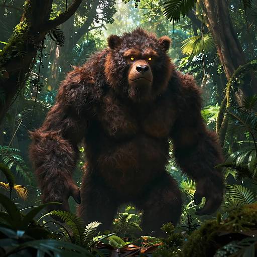 CGI image of a muscular, dark brown bear with glowing eyes standing in a dense, shadowy jungle with lush green foliage.