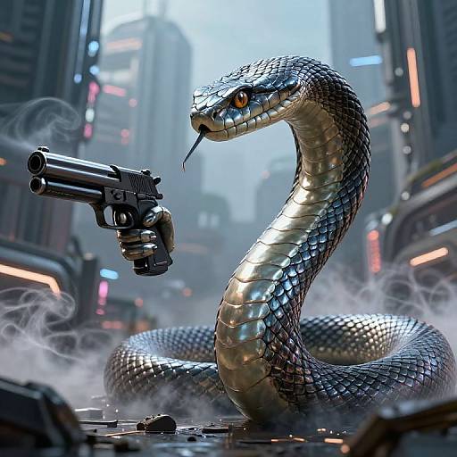 CGI image of a metallic silver snake with orange eyes holding a black handgun in a neon-lit, foggy city street.