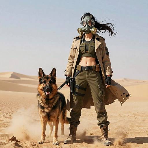 Photograph: Woman in military-style tan coat, black crop top, gas mask, and green cargo pants, stands in desert with German Shepherd, holding