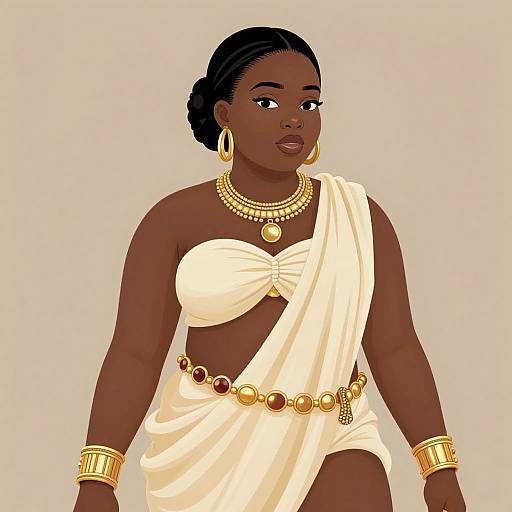Digital illustration of a dark-skinned woman with black hair in an updo, wearing a white draped top and skirt, gold jewelry, and hoop earrings