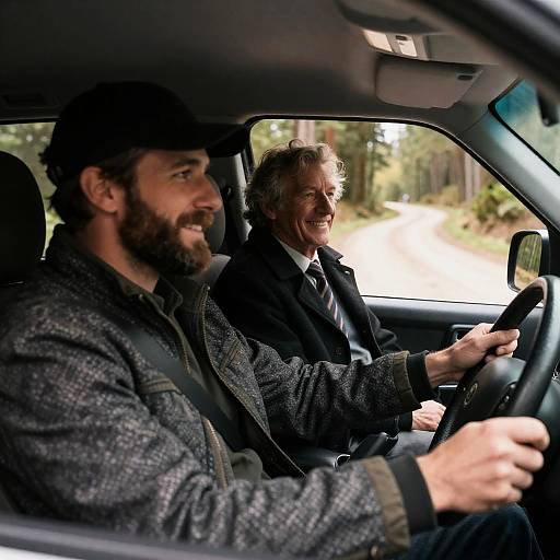 Smiling Duo on a Forest Drive