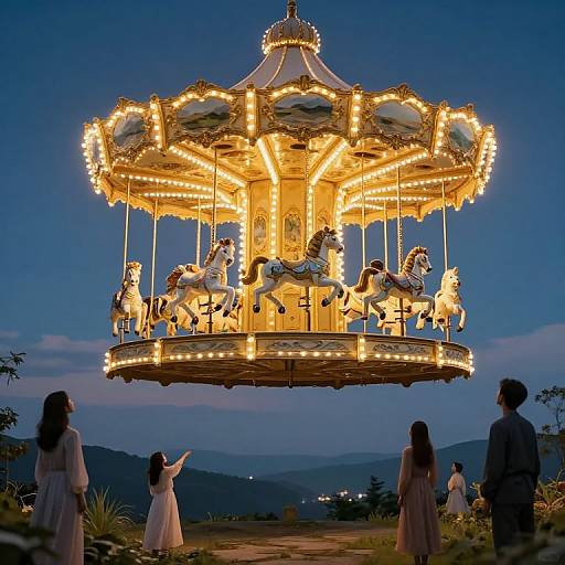 Photograph of a vintage, illuminated carousel with ornate horses at dusk, surrounded by children in dresses and a man in a suit. Blue twilight sky