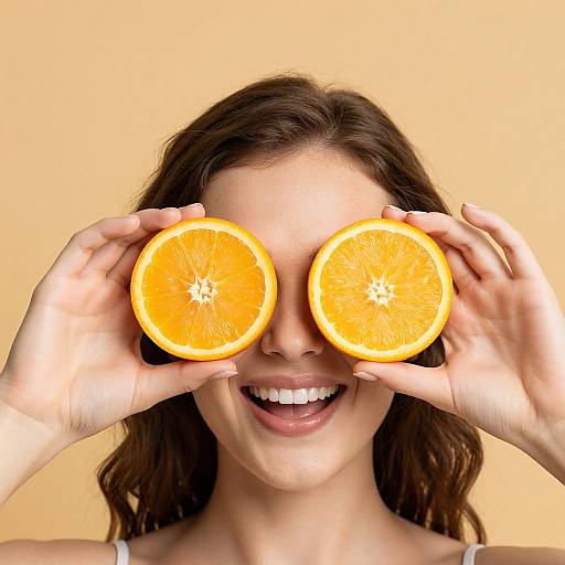 Photograph of a smiling woman with brown hair, wearing a white top, using two orange slices as eyes against a yellow background.