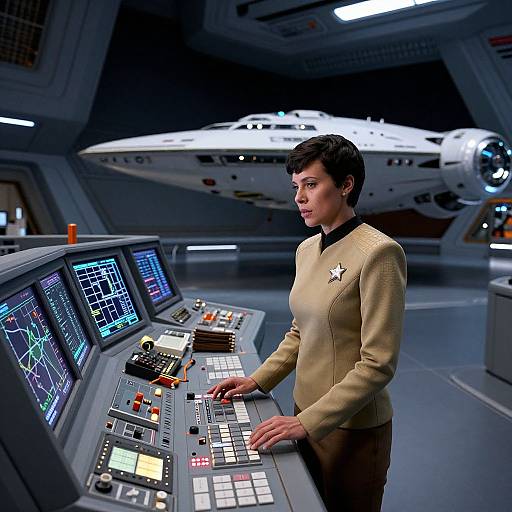 Photograph of a 1960s-style sci-fi scene: a short-haired woman in a beige Starfleet uniform operating a control panel, with a