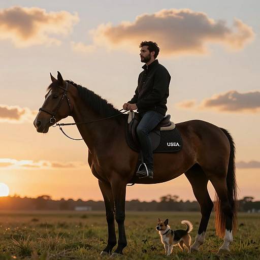 Horseback Rider at Sunset with Dog