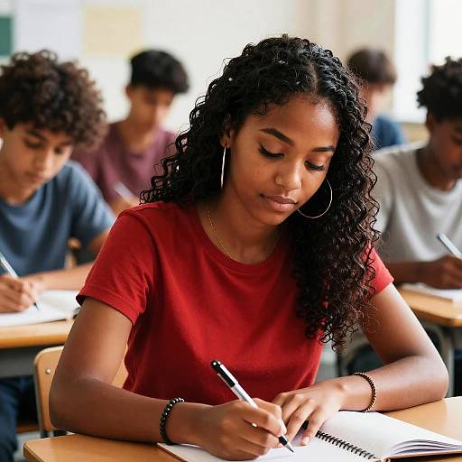 Dark-Skinned Girl at Desk, Eyes Closed