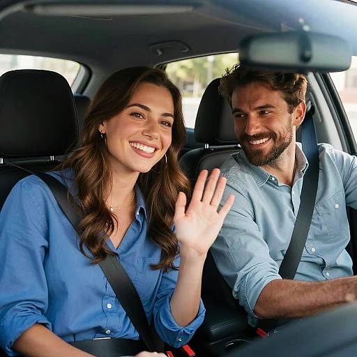 Photograph of a smiling couple in a car, both wearing blue shirts, with the woman waving and the man driving, seatbelts on.