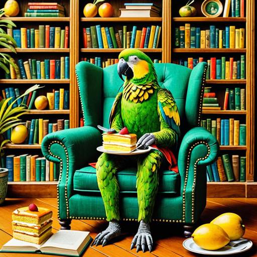 Whimsical Parrot Dining in a Cozy Library Whimsical Parrot Dining in a Cozy Library