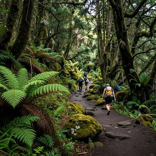 Photograph of three hikers on a mossy, fern-lined forest trail, surrounded by tall, dense trees with dappled sunlight filtering through.