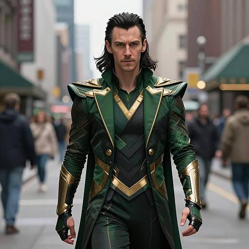 Male Superhero in Loki Costume on City Street