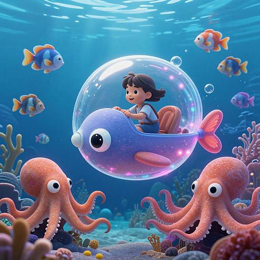 Digital illustration: Cute Asian girl in a bubble on a transparent fish, surrounded by colorful fish, two octopuses, and coral reef underwater.
