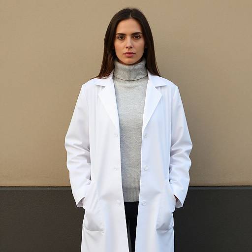 Photograph of a serious-looking woman with long dark hair, wearing a white lab coat over a gray turtleneck, standing against a beige and black