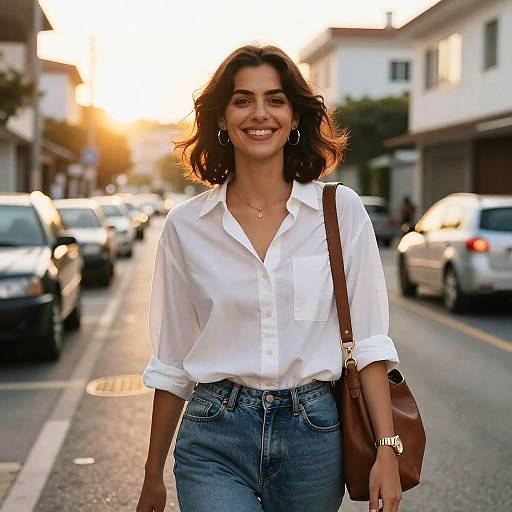 Photograph of a smiling woman with dark wavy hair, wearing a white button-up shirt, high-waisted blue jeans, and a brown leather