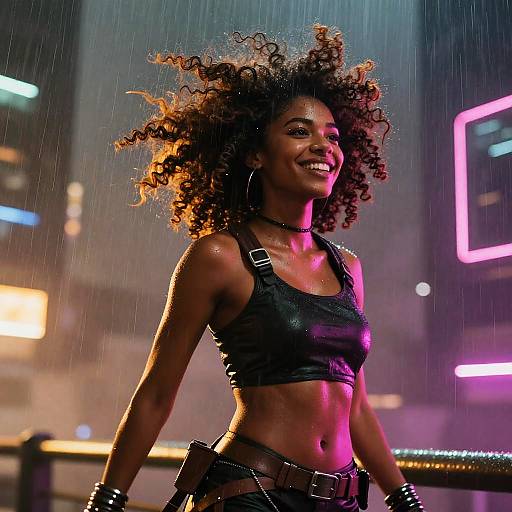 Photograph of a smiling Black woman with curly afro, wearing a black leather crop top and belt, in a neon-lit, rainy urban night