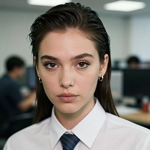 Photograph of a young woman with pale skin, dark brown eyes, and straight black hair, wearing a white shirt and black tie, in a blurred