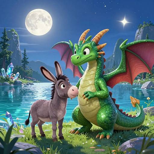 Cartoon dragon with green scales and orange horns gently nuzzles a gray donkey by a moonlit, crystal-filled lake. Bright, starry