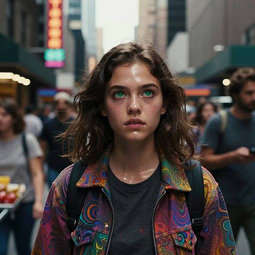 Young Woman in Psychedelic Jacket in Urban Street