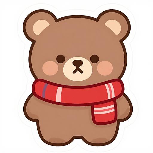 Cute digital drawing of a brown teddy bear with a red scarf, round pink cheeks, and simple black eyes and nose.