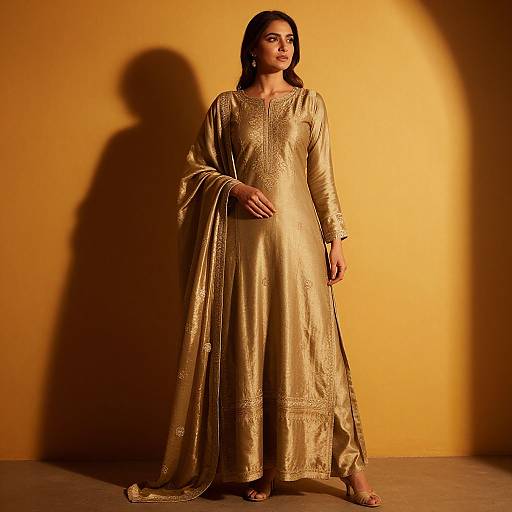 Photograph of a woman with dark hair in a gold, long-sleeve, embroidered traditional dress, standing against a yellow-lit background, casting