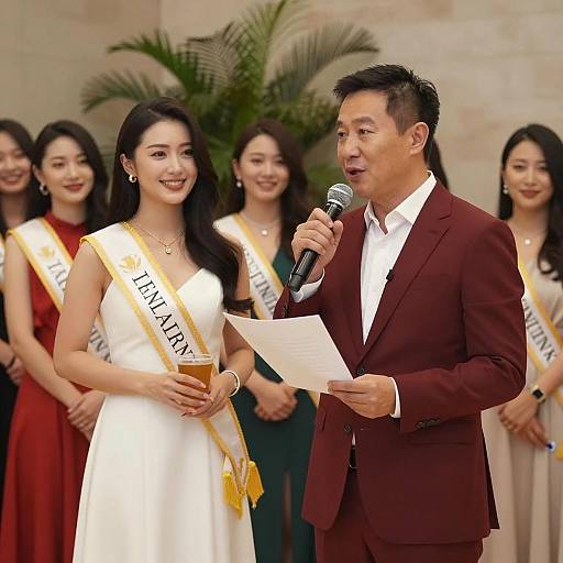 Man in Red Suit Speaking with Woman