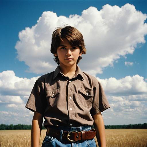 Young Boy Standing in Wheat Field Under Cloudy Sky