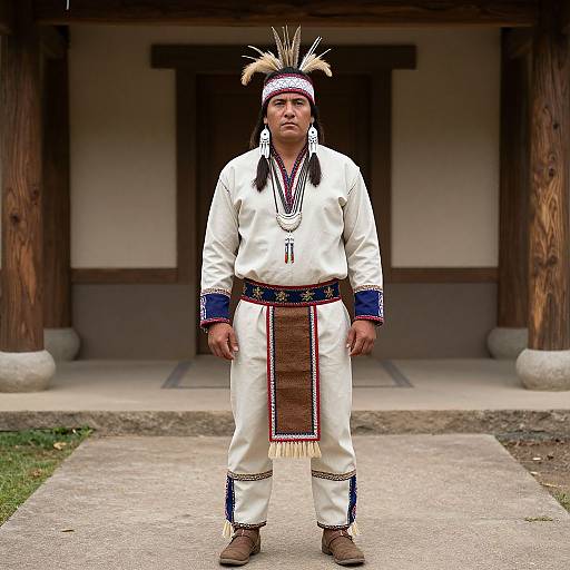 Photograph of a Native American man standing in front of a wooden building, wearing a white traditional outfit with blue, red, and brown trim, and