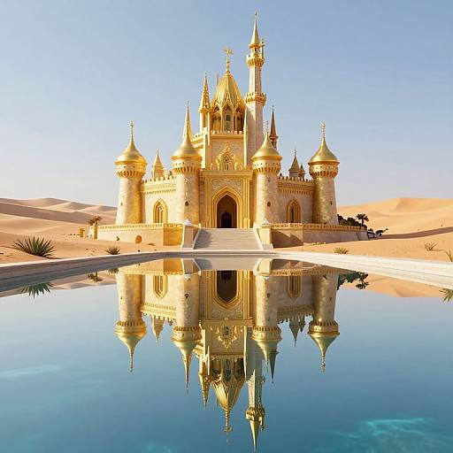 Photorealistic digital image of a golden, ornate castle with four towers, reflecting in a calm, mirror-like desert oasis.