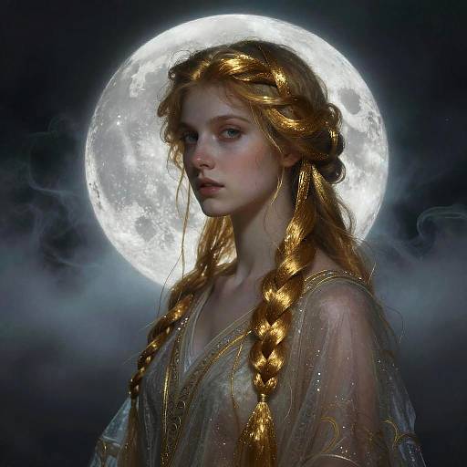 Digital painting of a pale-skinned, red-haired woman with braided gold hair, wearing a translucent, gold-embellished gown, against a