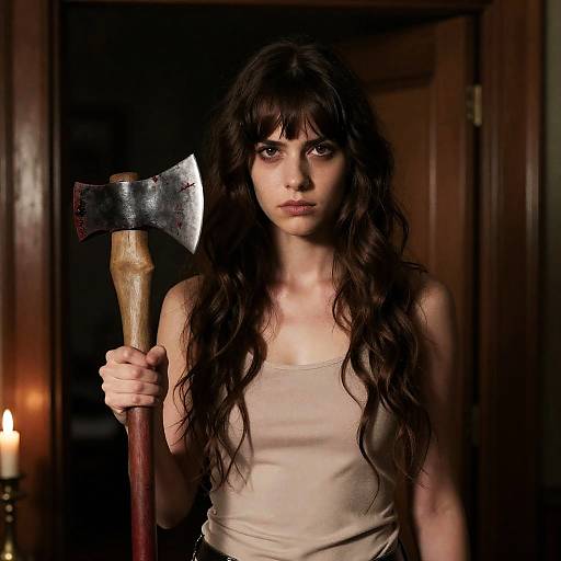 Eerie Woman with Axe in Dim Room