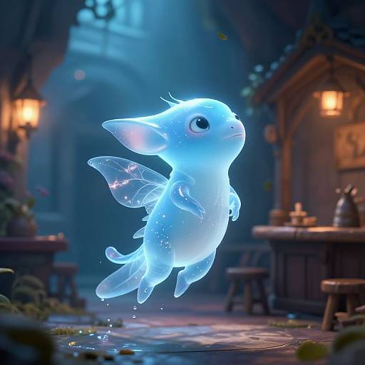 Digital CGI of a glowing, translucent blue fairy-like creature with large eyes and delicate wings, floating in a dimly lit, medieval-style tavern with warm