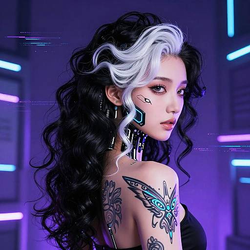 Digital artwork of a tattooed woman with black and white curly hair, neon blue background, butterfly tattoo, and futuristic earrings.