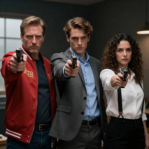 Three Serious People Pointing Guns
