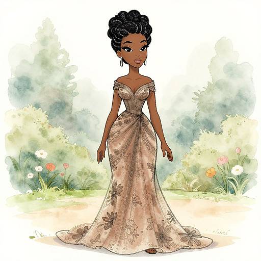 Digital illustration of a dark-skinned woman with an updo, wearing an off-shoulder, floral-embellished, floor-length gown,