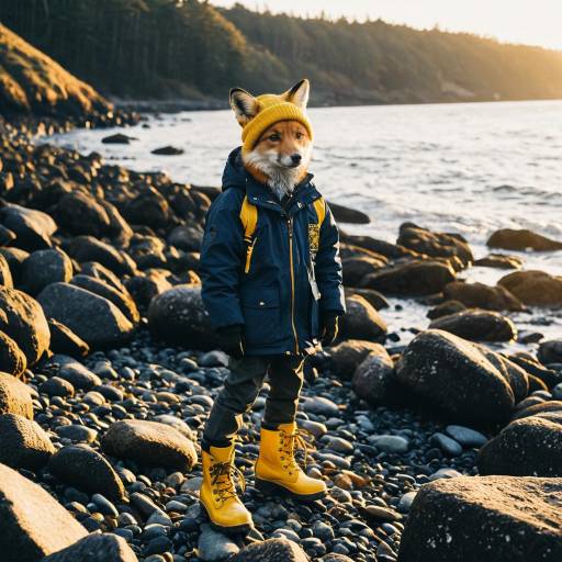Fox in Outdoor Gear on Rocky Shoreline Fox in Outdoor Gear on Rocky Shoreline