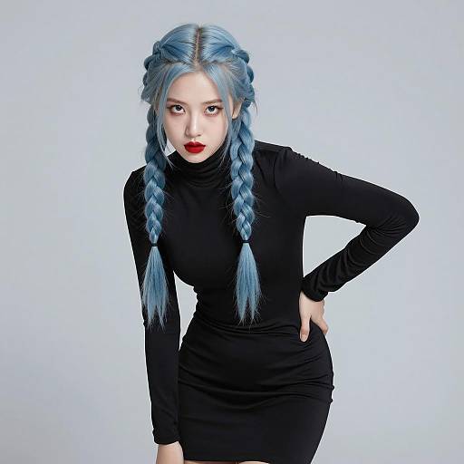 Young Woman with Blue Braided Hair in Black Dress