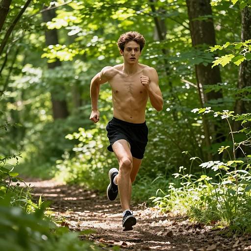 Young Athlete Sprinting Through Forest