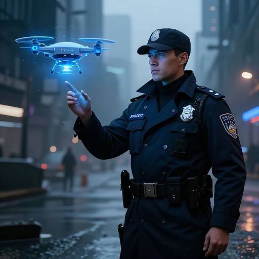 Photograph of a male police officer in a dark uniform, standing on a rainy city street, operating a blue-lit drone with his hand. Bl