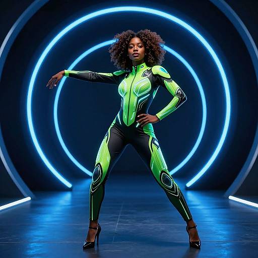 Photograph of a confident Black woman with curly hair in a neon green and black bodysuit, striking a dynamic pose against a circular blue neon light