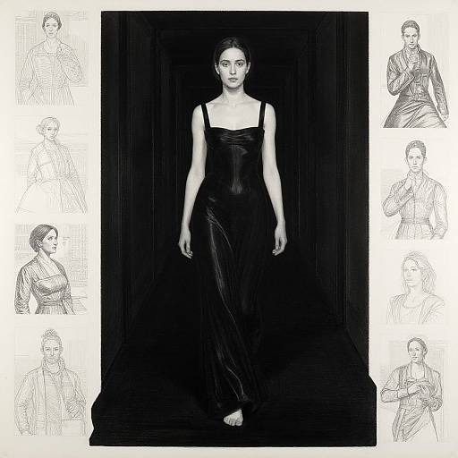 Black-and-white photograph of a serious woman in a sleek, black, sleeveless dress standing against a dark curtain, surrounded by pencil sketches of her in