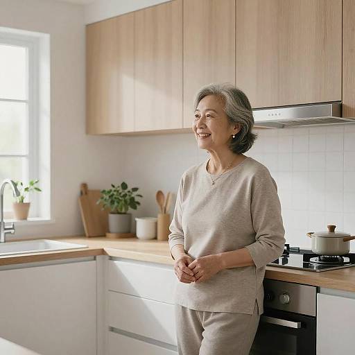 Photograph of smiling elderly woman with short gray hair in beige sweater and pants, standing in bright, modern kitchen with wooden cabinets and potted plants.