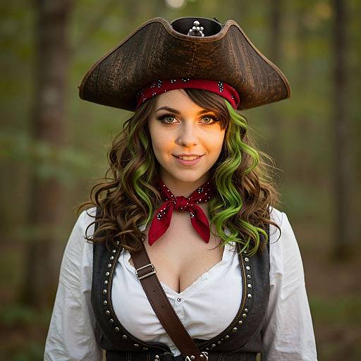 Photograph of a young woman with green and brown curly hair, wearing a pirate hat, red bandana, white blouse, black vest, and red