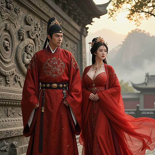 Photograph-like CGI: Asian couple in ornate red traditional attire with intricate gold embroidery, standing before a detailed stone wall at sunset. She wears a
