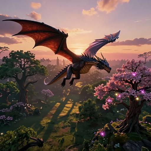 Digital fantasy artwork of a black dragon with red wings soaring over a vibrant, magical forest at sunset, surrounded by pink cherry blossoms and glowing lights.