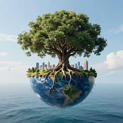 Digital artwork of a tree with roots extending into a floating Earth, featuring a city skyline beneath its green canopy, set against a clear blue sky and ocean