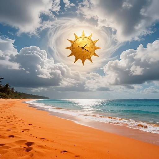 Photograph of a vibrant, orange sandy beach with turquoise waves under a bright, sun with a clock face in a cloudy sky.