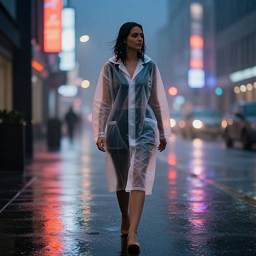 Photograph of a wet-haired woman in a transparent raincoat walking on a neon-lit, rainy city street at night.