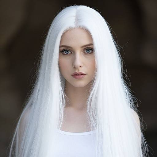 Digital artwork of a pale-skinned woman with long, straight, white hair, wearing a white top, against a dark background. She has striking blue