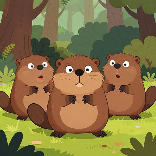 Cartoon illustration of three surprised brown beavers with round bodies, small ears, and black noses, standing in a sunny forest with tall trees and green